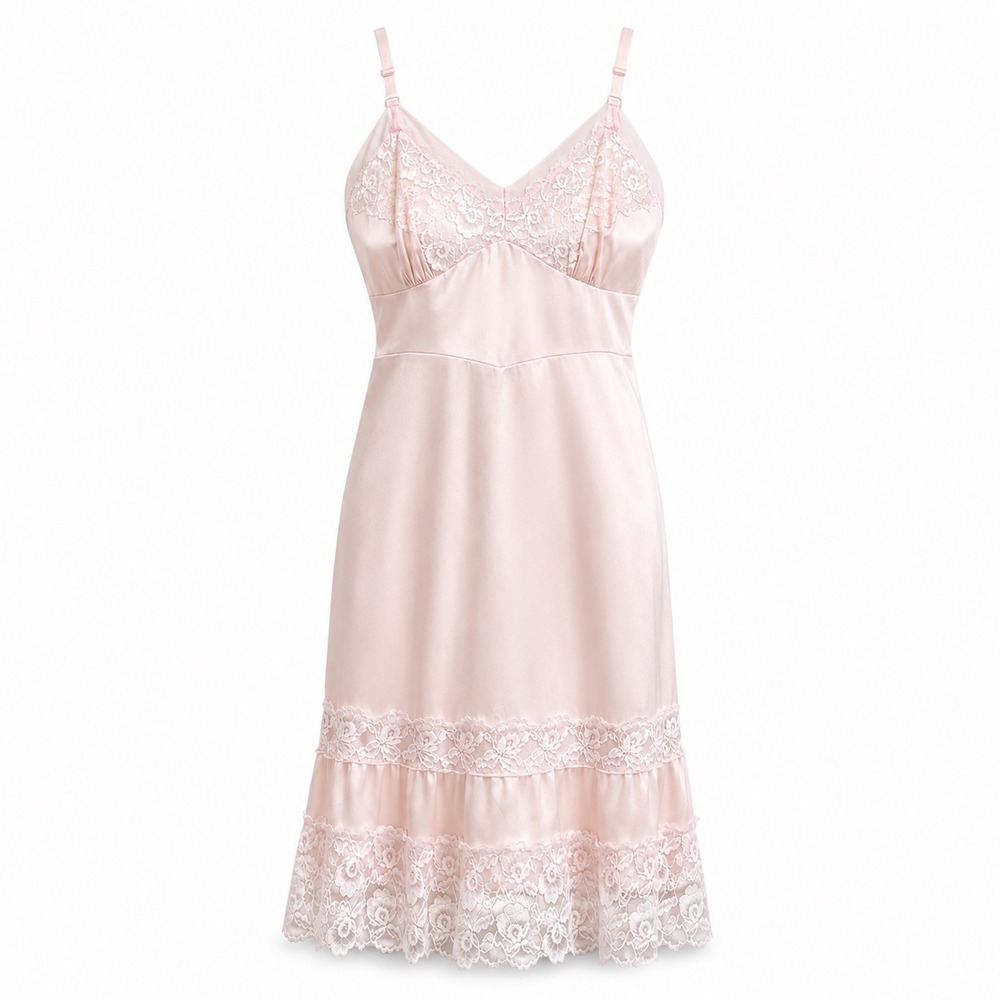 Vintage Movie Star Pink Lace Trim Slip Dress Nightgown Babydoll Size 40